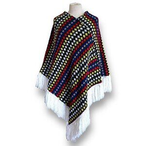 Vintage 1970s Womens Poncho OS Colorful Floral Embroidery Boho Fringe One Sz